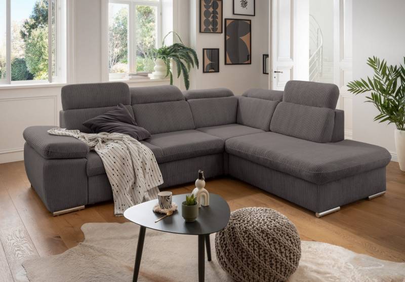 luma-home Ecksofa 17217, mit Bettfunktion, Bettkasten und Kopfstützen B283/T228/H102 cm, Wellenunterfederung, Ottomane rechts, Cord-Bezug in Grau Anthrazit von luma-home