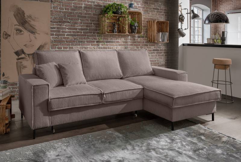 luma-home Ecksofa 17222, mit Bettfunktion und Bettkasten B240/T150/H92 cm, Liegefläche 125x198 cm, Wellenunterfederung, Récamiere rechts, Cord-Bezug in Braun Taupe von luma-home