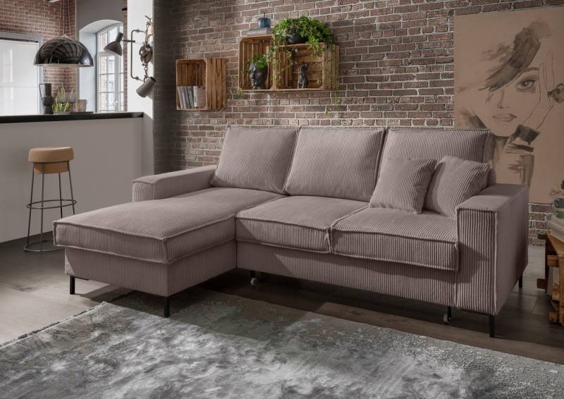 luma-home Ecksofa 17225, mit Bettfunktion und Bettkasten B240/T150/H92 cm, Liegefläche 125x198 cm, Wellenunterfederung, Récamiere links, Cord-Bezug in Braun Taupe von luma-home