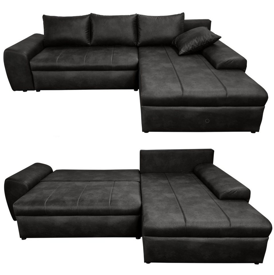 luma-home Ecksofa 18013, mit Bettfunktion 266x186 cm, Ottomane rechts, Federkern im Rücken, Wellenunterfederung, Bettkasten, Mikrofaser, Leder-Optik, Vintage Schwarz von luma-home