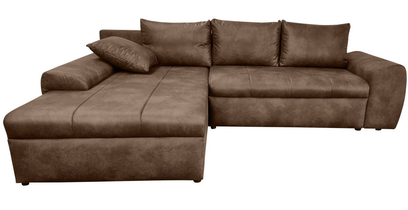 luma-home Ecksofa 18014, mit Bettfunktion 266x186 cm, Ottomane links, Federkern im Rücken, Wellenunterfederung, Bettkasten, Mikrofaser, Leder-Optik, Vintage Braun von luma-home