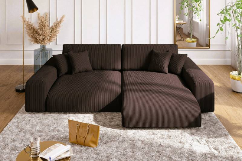 luma-home Ecksofa 21003, mit Schlaffunktion und Bettkasten, Wellenunterfederung, B255/H165/T84 cm, Liegefläche 148x196 cm, Ottomane links oder rechts montierbar, Cord-Bezug Dunkel-Braun von luma-home