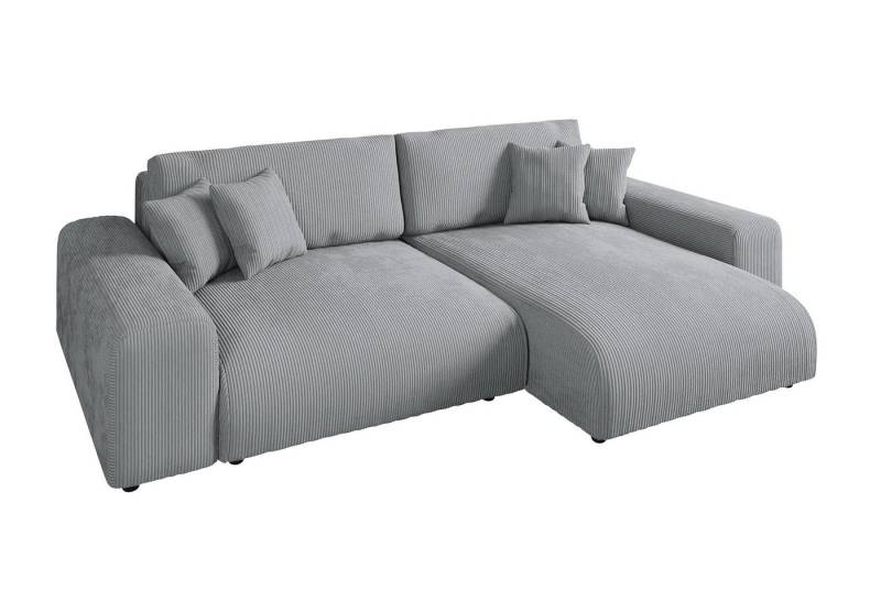 luma-home Ecksofa 21007, mit Schlaffunktion und Bettkasten, Wellenunterfederung, B255/H165/T84 cm, Liegefläche 148x196 cm, Ottomane links oder rechts montierbar, Cord-Bezug Hell-Grau von luma-home