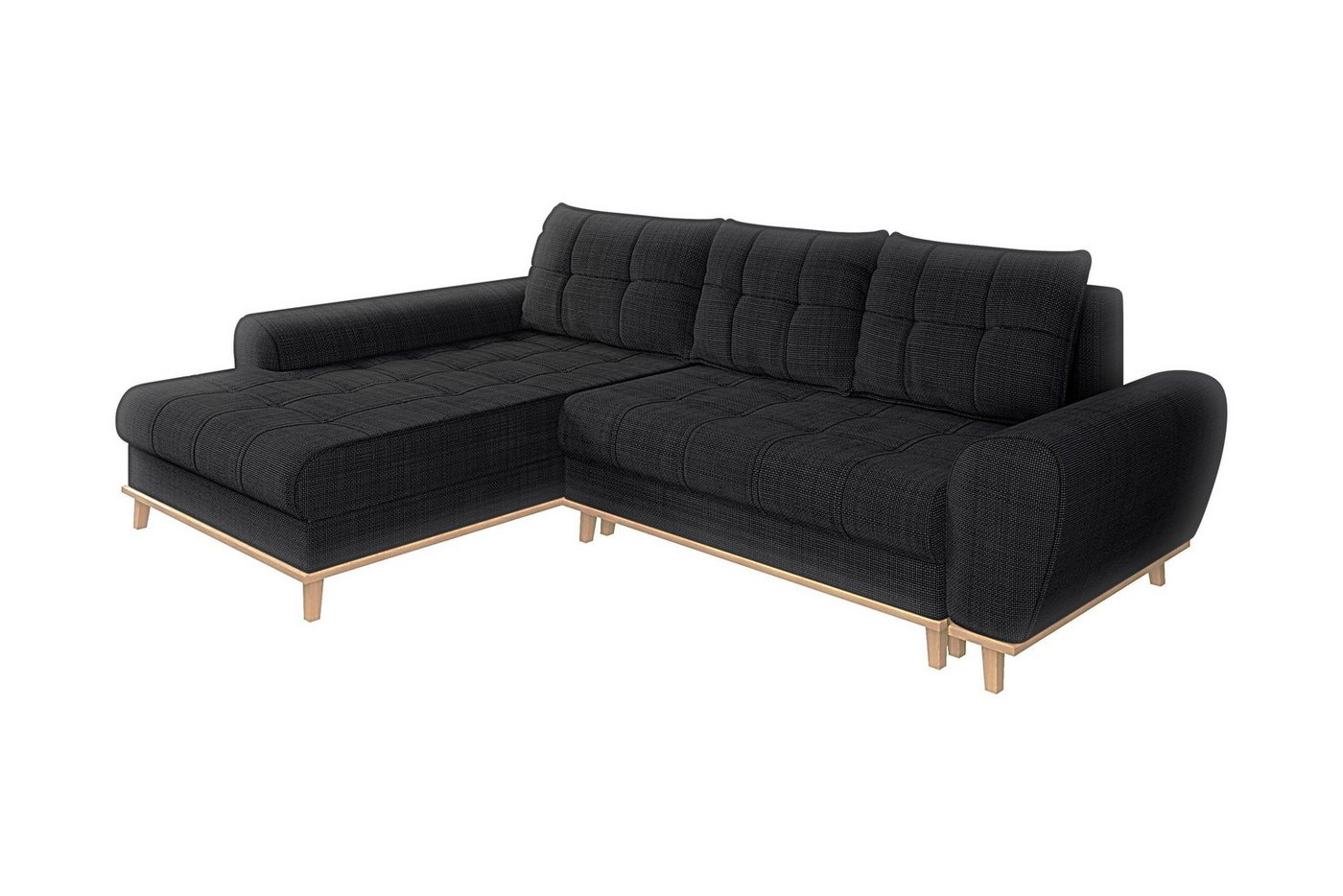 luma-home Ecksofa 21012, im Scandi-Stil mit Schlaffunktion und Bettkasten B268/T175/H86 cm, Wellenunterfederung, Ottomane links, weicher Bouclé Chenille Stoff in Anthrazit von luma-home