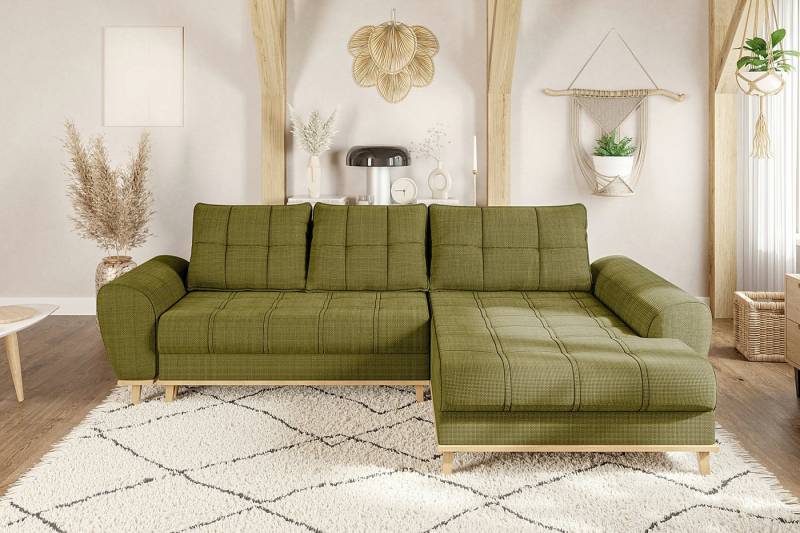 luma-home Ecksofa 21015, im Scandi-Stil mit Schlaffunktion und Bettkasten, Wellenunterfederung, B268/T175/H86 cm, Ottomane rechts, weicher Bouclé Chenille Stoff in Grün von luma-home