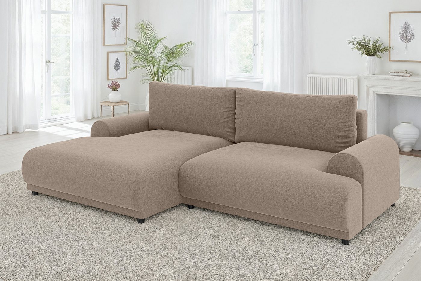 luma-home Ecksofa 21022, mit Schlaffunktion und Bettkasten, Wellenunterfederung, B240/T145/H81 cm, Liegefläche 130x196 cm, Ottomane links, Chenille-Bezug Hellbraun von luma-home