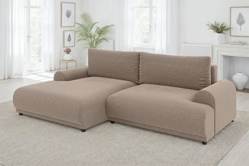 luma-home Ecksofa 21022, mit Schlaffunktion und Bettkasten, Wellenunterfederung, B240/T145/H81 cm, Liegefläche 130x196 cm, Ottomane links, Chenille-Bezug Hellbraun von luma-home