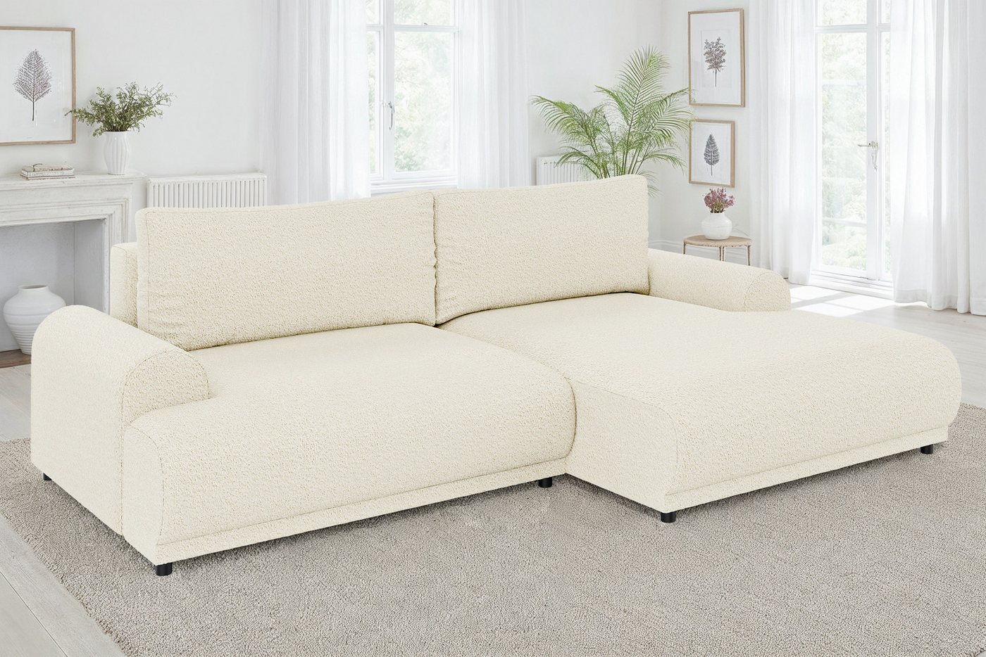 luma-home Ecksofa 21028, mit Schlaffunktion und Bettkasten, Wellenunterfederung, B240/T145/H81 cm, Liegefläche 130x196 cm, Ottomane links, Bouclé-Bezug Beige Creme von luma-home