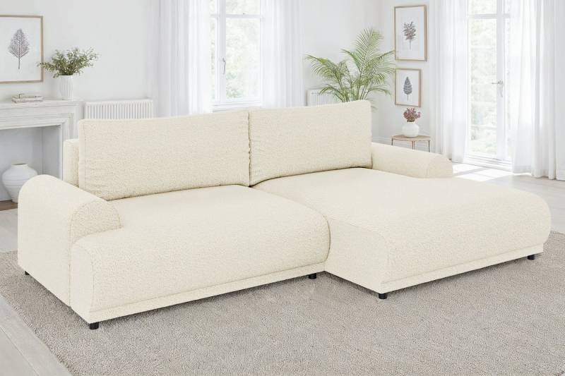 luma-home Ecksofa 21028, mit Schlaffunktion und Bettkasten, Wellenunterfederung, B240/T145/H81 cm, Liegefläche 130x196 cm, Ottomane links, Bouclé-Bezug Beige Creme von luma-home