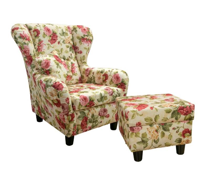 luma-home Ohrensessel 18004-OTTO (mit Hocker und Zierkissen, Wellenunterfederung, B90/H98/T76 cm), Lesesessel mit Echtholzfüßen, Bezug Webstoff im Blumenmuster von luma-home