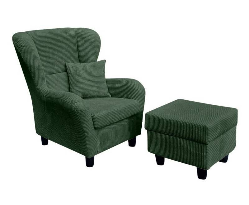 luma-home Ohrensessel 18018 (mit Hocker und Zierkissen, Wellenunterfederung, B90/H98/T76 cm), Lesesessel mit Echtholzfüßen, Bezug Cordstoff in Grün von luma-home