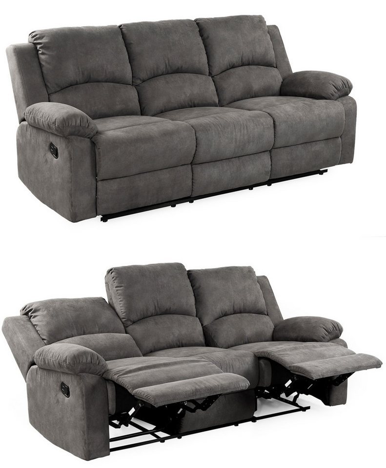 luma-home 3-Sitzer 15131, Sofa mit halbautomatischer Relaxfunktion 204 cm breit, Tonnentaschenfederkern, Bezug Mikrofaser, Vintage Anthrazit von luma-home