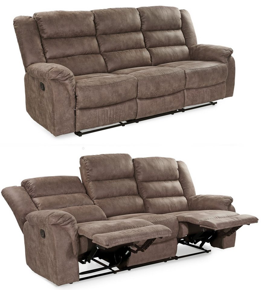 luma-home 3-Sitzer 15134, Sofa mit halbautomatischer Relaxfunktion 212 cm breit, Federkern, Wellenunterfederung, Bezug Mikrofaser, Vintage Grau Braun von luma-home