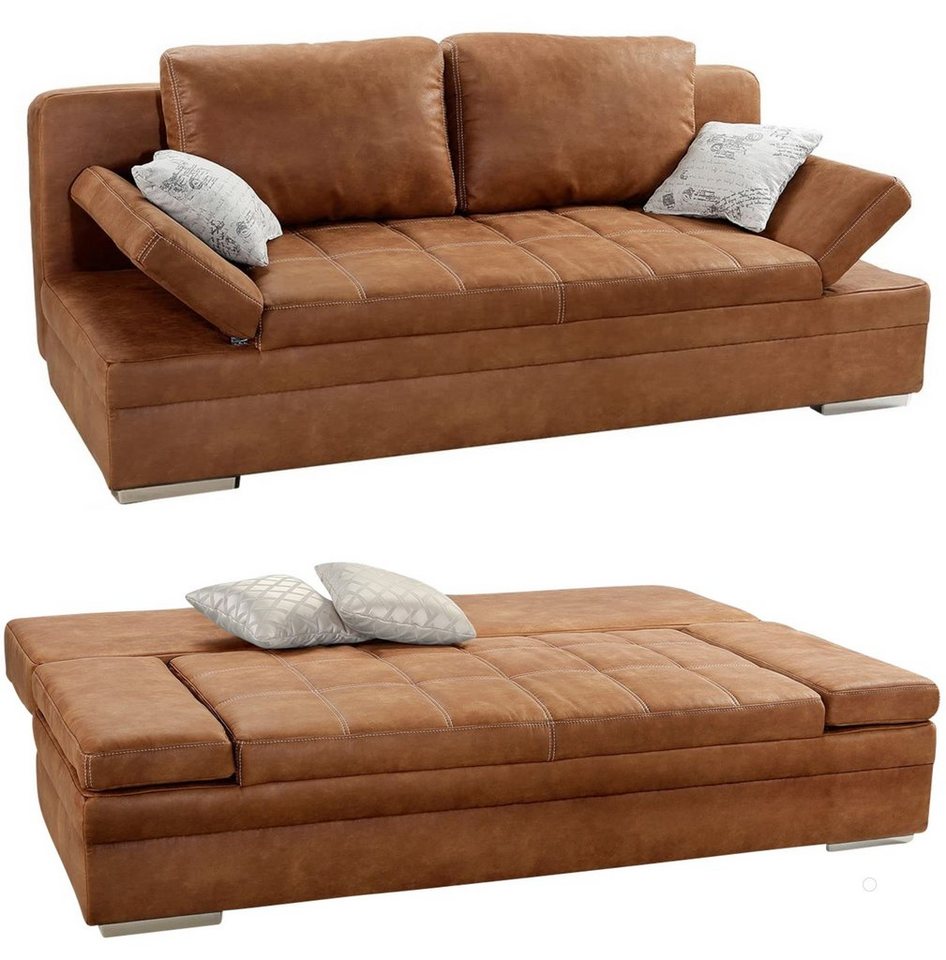 luma-home Schlafsofa 15117, mit Bettkasten 202 cm breit, Armlehnen verstellbar, Bettfunktion, attrakt. Steppung, Mikrofaser, Antikleder-Optik, Braun Curry von luma-home