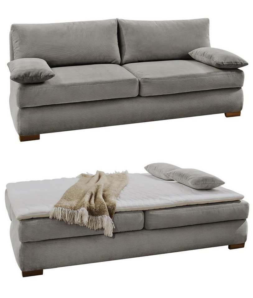 luma-home Schlafsofa 15152, Dauerschläfer mit Bettkasten 201 cm breit, Federkern, Wellenunterfederung, separater Topper, Feincord, Hell-Grau von luma-home