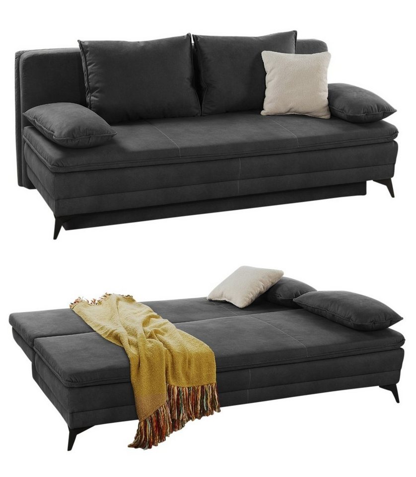 luma-home Schlafsofa 15159, Dauerschläfer mit Bettkasten 202 cm breit, Wellenunterfederung, integr. Topper, Mikrofaser, Dunkel-Grau Anthrazit von luma-home