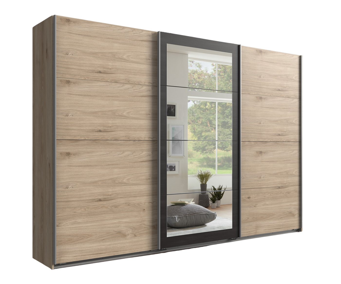 luma-home Schwebetürenschrank 22002 (B270/H208/T65 cm in Eichen-Dekor mit Absetzungen in grauer Stahl-Optik) Rahmenspiegeltür, 3 Einlegeböden, 3 Kleiderstangen von luma-home