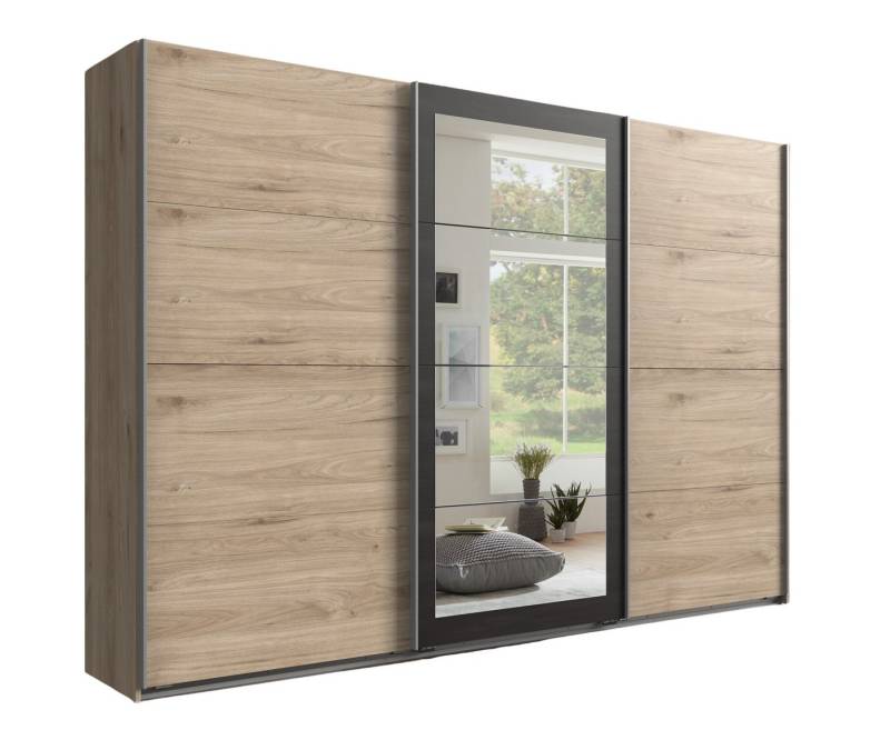 luma-home Schwebetürenschrank 22002 (B270/H208/T65 cm in Eichen-Dekor mit Absetzungen in grauer Stahl-Optik) Rahmenspiegeltür, 3 Einlegeböden, 3 Kleiderstangen von luma-home