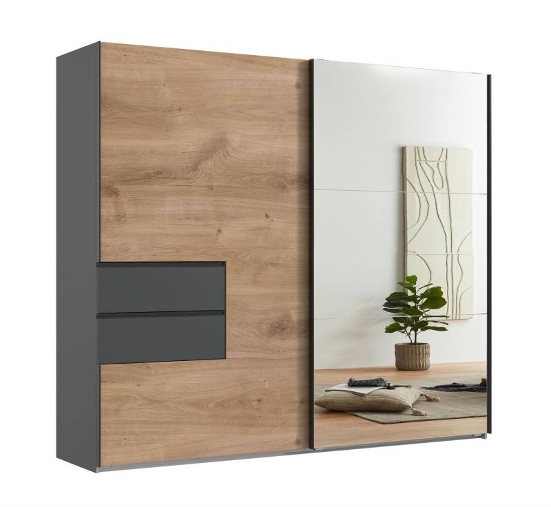 luma-home Schwebetürenschrank 22051 (B250/H216/T65 cm, Korpus+Schubladen Grafit, Front: Spiegeltür und eichefarbene Tür mit Ausschnitt, Selbsteinzug) schwarze Griffleisten, Kleiderschrank mit Vollausstattung von luma-home