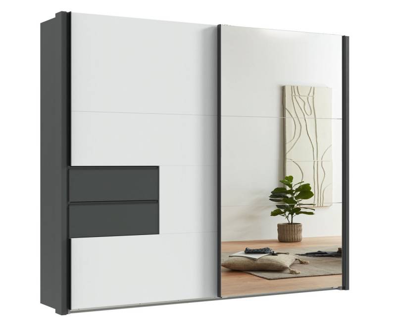 luma-home Schwebetürenschrank 22059 (B262/H216/T65 cm, Korpus+Passepartout+Schubladen Grafit, Front: Spiegeltür und weiße Tür mit Ausschnitt, Selbsteinzug) schwarze Griffleisten, Kleiderschrank mit Vollausstattung von luma-home