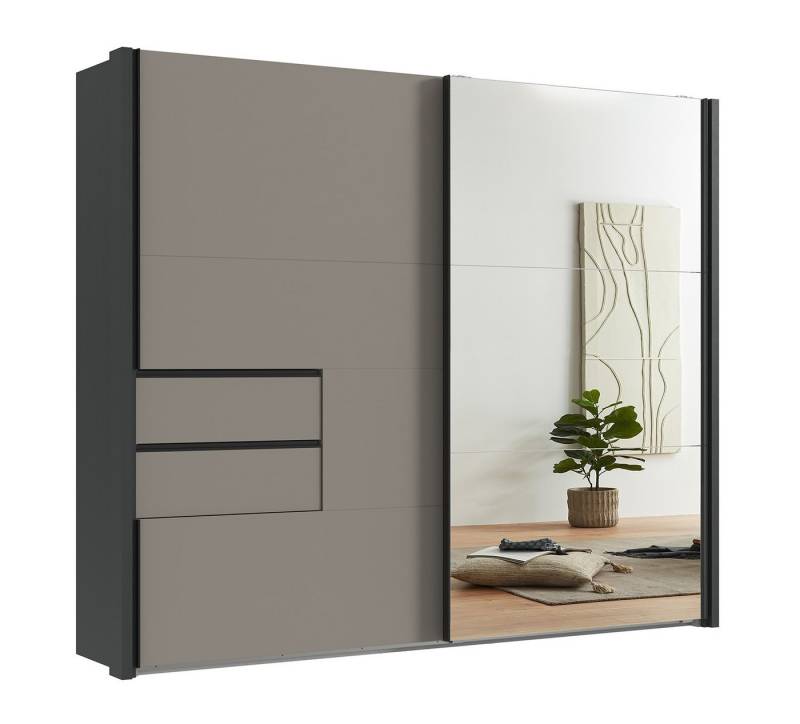 luma-home Schwebetürenschrank 22062 (B262/H216/T65 cm, Korpus+Passepartout Grafit, Front: Spiegeltür, Tür mit Ausschnitt und Schubladen in Sand Grau, Selbsteinzug) schwarze Griffleisten, Kleiderschrank mit Vollausstattung von luma-home