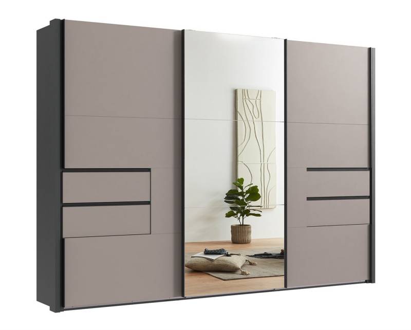 luma-home Schwebetürenschrank 22066 (B312/H216/T65 cm, Korpus+Passepartout Grafit, Front: Spiegeltür, 2 Türen mit Ausschnitt und Schubladen in Sand Grau, Selbsteinzug) schwarze Griffleisten, Kleiderschrank mit Vollausstattung von luma-home