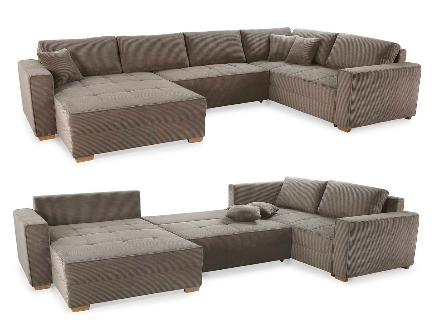 luma-home Wohnlandschaft 15197, U-Form mit Bettfunktion und Bettkasten, 379 cm breit, Wellenunterfederung, seitenverkehrt montierbar, Cord, Beige Grau von luma-home