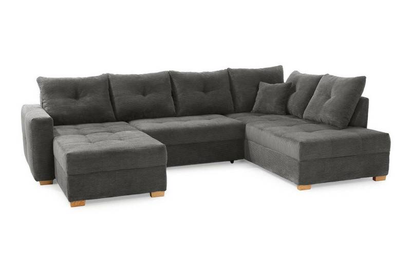 luma-home Wohnlandschaft 15220, U-Form mit Schlaffunktion und Bettkasten B313/T200/H92 cm, Schaumpolsterung, seitenverkehrt montierbar, Cord in Grau Anthrazit von luma-home
