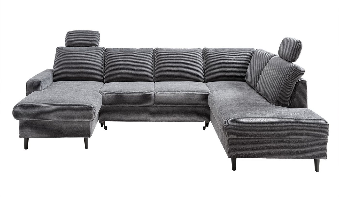 luma-home Wohnlandschaft 17206, U-Form mit Bettfunktion und Bettkasten, 305 cm breit, Wellenunterfederung, Kopfstützen, Bezug Cord Grau Anthrazit von luma-home