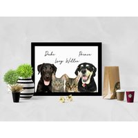 4-Haustier-Porträt, Mehrere Haustiere, Hundeportrait, Digitales Haustierportrait, Gemälde Vom Foto, Gerahmtes Katzen-Denkmal von lumetri