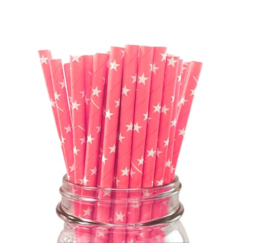 LUMOUS ROLA Papierstrohhalme, 25 Stück, biologisch abbaubar, recycelbar, für Hochzeit, Geburtstagsparty, Cocktail, Urlaub, Kaffee, Limonade, Babyparty-Lieferanten (rosa mit weißen Sternen). von lumous rola