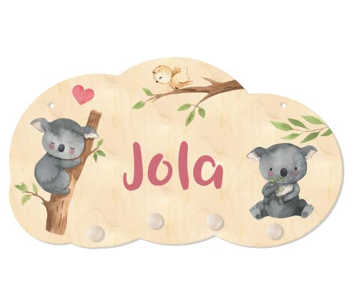 Personalisierte Kindergarderobe 'Koalabär' aus Holz mit vier Kleiderhaken, Garderobe für Kinder mit Wunschnamen, Motiv Koala, ca. 35 x 20 cm (Rosa) von lunabee