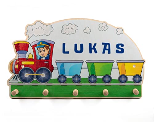 Personalisierte Kindergarderobe 'Zug' aus Birkenholz mit fünf Kleiderhaken. Garderobe für Kinder mit Wunschnamen, Maße ca. 50 x 29 cm von lunabee
