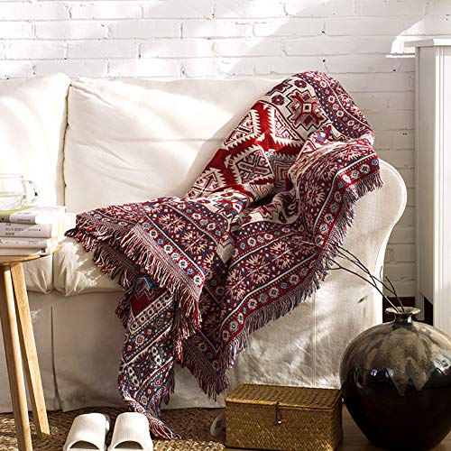 luofanfei Tagesdecke Boho Rot Wohndecke Baumwolle mit Fransen Rot Beige Decoking Schlafzimmer Sofaüberwurf Bettüberwurf Boho Stil Geometrisches Muster Sofa überwurf Bett 90x150 cm von luofanfei