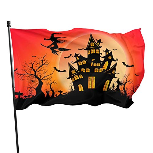 Happy Halloween Witch Castle Moon Flag, 3x5 FT/90X150 cm Polyester-Banner mit Ösen, Gartenhof-Hausflaggen für Innen- und Außendekoration von luoheyinbangshangmaoyouxiangongsi