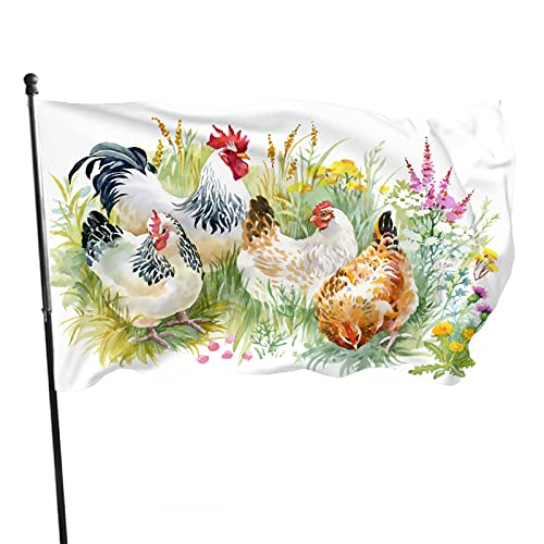 Henne Hahn im Blumengras Flagge 3x5 Ft Nutztier Huhn Hahn Blume Dschungelblatt Langlebig Gartenflaggen Dekor Hofhaus Willkommensbanner Flagge von luoheyinbangshangmaoyouxiangongsi