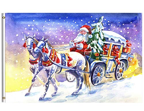 Merry Christmas Flag 3x5 FT/90X150 cm Fröhlicher Winterurlaub Weihnachtsmann in der Kutsche Pferd Schneeflocke Schnee Garten Yard House Flags von luoheyinbangshangmaoyouxiangongsi