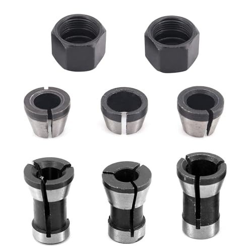Fräs-Spannzangenfutter, 6 Stück, Karbonstahl, Holzbearbeitung, Fräs-Spannfutter, Spannadapter für Gravur, Trimmmaschine, Werkzeug, 6 mm, 6,35 mm, 8 mm, 2 Muttern von luolety