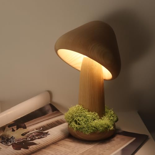 luolety Pilzlampe aus Holz, Kopf um 150 Grad verstellbar, Pilz-Nachtlicht, 3 Farben, dimmbar, Pilz-Tischlampe, Nachttischlampe für Schlafzimmer, Heimdekoration (L) von luolety