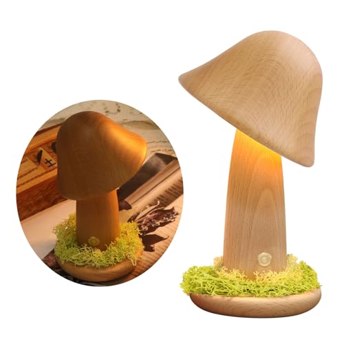 luolety Pilzlampe aus Holz, Kopf um 150 Grad verstellbar, Pilz-Nachtlicht, 3 Farben, dimmbar, Pilz-Tischlampe, Nachttischlampe für Schlafzimmer, Heimdekoration (S) von luolety