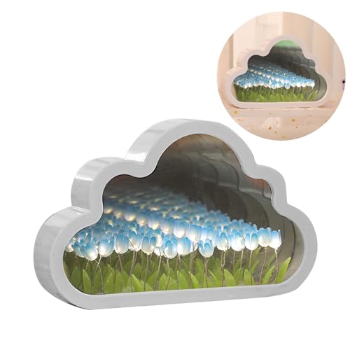 luolety Tulip Cloud LED Spiegellampe, 20 Blumen Wolke Lampe Spiegel Nachtlicht Tulpe Tischlampe Handgemachte Licht Dekoration Ornament für Schlafzimmer Paar Freunde (Blau) von luolety