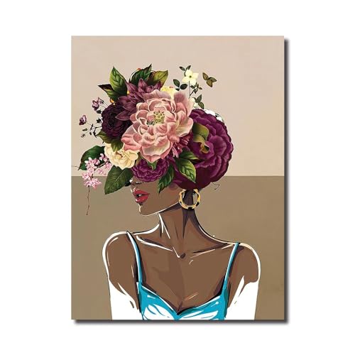 Leinwand Malerei Poster Drucken Schwarz Mädchen Kopf von Blumen Wandkunst Afrikanische Frau Bild für Modernes Wohnkultur Kein Rahmen (Color : As Shown, Size : 50x70cm no frame) von luose