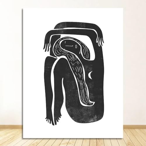 Mid-Century Moon Poster Boho Kunstdruck Leinwandbild Schwarz-Weiß minimalistisches weibliches Porträt Gemälde Wandkunst Wohnkultur (Color : A, Size : 60x90cm No Frame) von luose