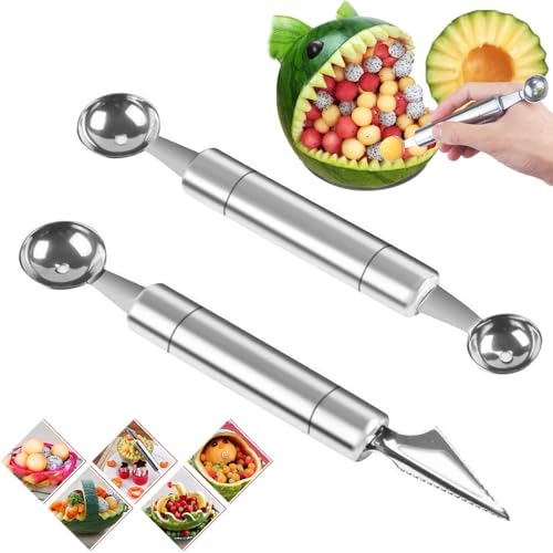 Melonen Löffel Eislöffel Eiscreme Doppelköpfiger Edelstahl-Wassermelone Melon Baller Melonen-Fruchtschnitzwerkzeuge Kugelausstecher Doppelzwec Melonenausstecher Kugel für DIY Obstlöffel Kugelformer von lurora2021