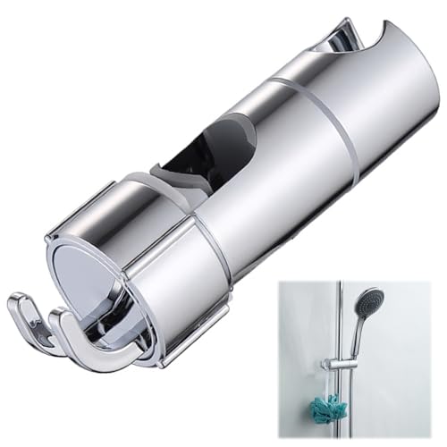Universal Handbrause Halterung 360° Drehbar Brausehalter Verstellbar Duschkopfhalterung Mit 2 Haken Brausehalter Ohne Bohren für Slide Bar 16-27mm Außen Durchmesser, ABS Grade Kunststoff, Verchromt von lurora2021