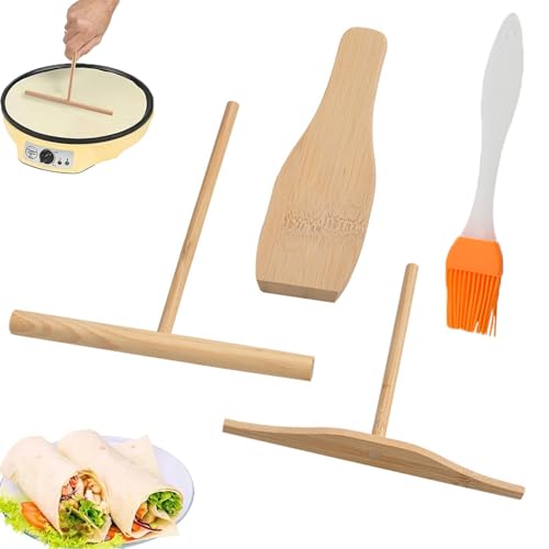 lurora2021 4 Stück Crepes Verteiler Aus Bambusholz Crepes Maker Zubehör Holz-Crêpe-Maker T-Förmiges Werkzeug für Crêpes Spachtel Und Crepes Verteiler Set für Crepes Crepes Zubehör, Mit 1 Ölpinsel von lurora2021