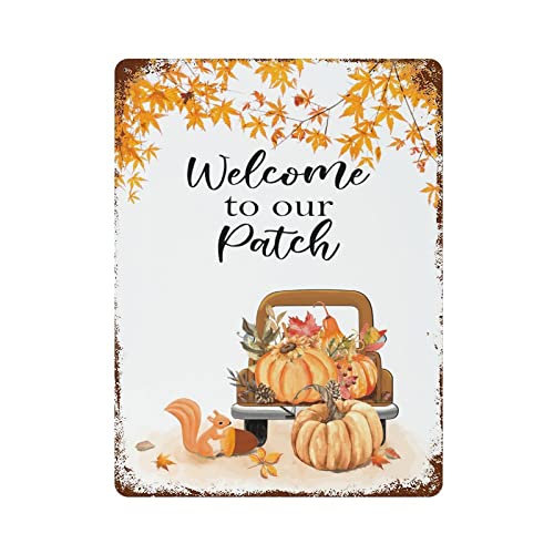 Blechschild mit Aufschrift "Harvest Buffalo Plaid Truck with Pumpkins Maple Leaves Metal Tin Sign Custom Signs Outdoor Metal Welcome to Our Patch Art" Blechschild Vintage Metalldose für Café Bar Pub von lutieger
