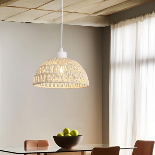 lux.pro Hängelampe Alton Hängeleuchte 1 x E27 Lampenschrim aus Rattan Metall Pendelleuchte 156 cm höhenverstellbar Pendellampe Weiß von lux.pro