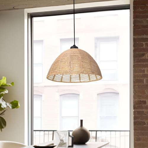 lux.pro Hängelampe Romsey Hängeleuchte 1 x E27 Lampenschrim aus Rattan Metall Pendelleuchte 158 cm höhenverstellbar Pendellampe Beige/Schwarz von lux.pro