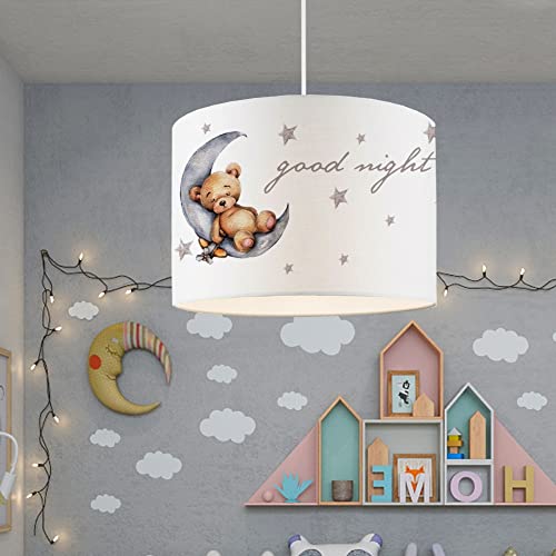 lux.pro Hängeleuchte Rugby Kinderlampe Pendelleuchte aus Kunststoff und Stoff Deckenlampe für Kinderzimmer Babyzimmer 1 x E27 ohne Leuchtmittel Weiß mit Teddy-Motiv von lux.pro